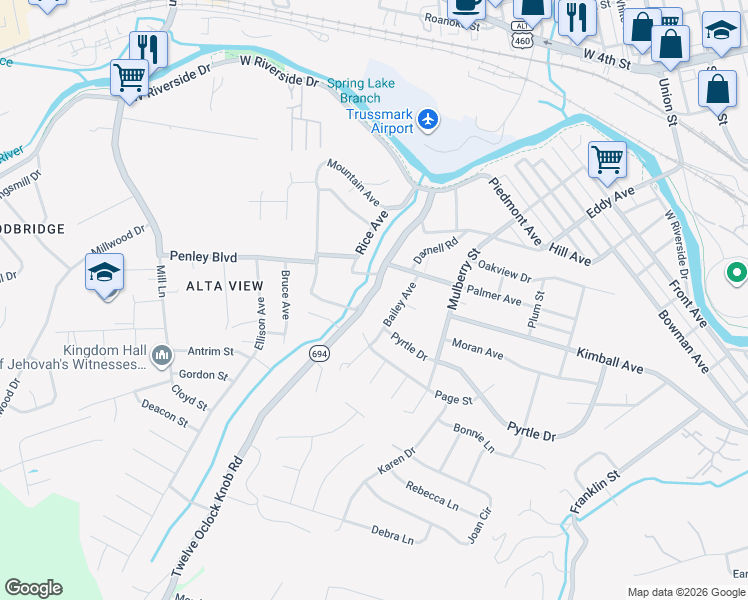 map of restaurants, bars, coffee shops, grocery stores, and more near 2126 Twelve Oclock Knob Road in Salem