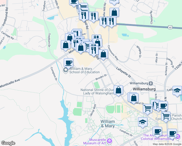 map of restaurants, bars, coffee shops, grocery stores, and more near 121 Matoaka Court in Williamsburg