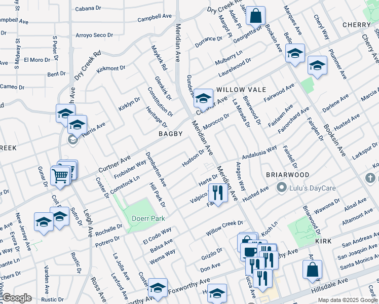 map of restaurants, bars, coffee shops, grocery stores, and more near 1733 Comstock Way in San Jose