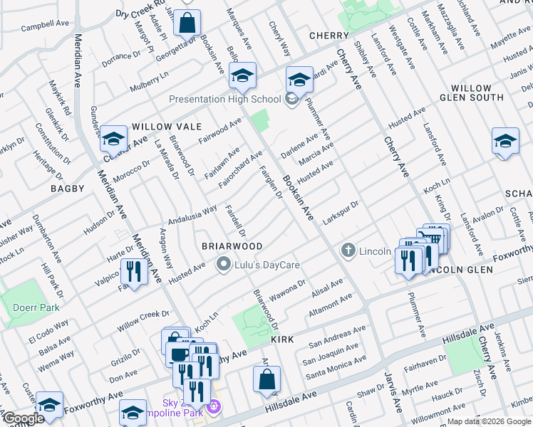 map of restaurants, bars, coffee shops, grocery stores, and more near 1624 Husted Avenue in San Jose