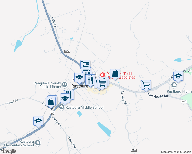 map of restaurants, bars, coffee shops, grocery stores, and more near 980 Village Highway in Rustburg