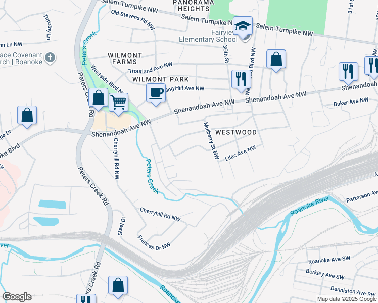 map of restaurants, bars, coffee shops, grocery stores, and more near 3754 Norway Avenue Northwest in Roanoke