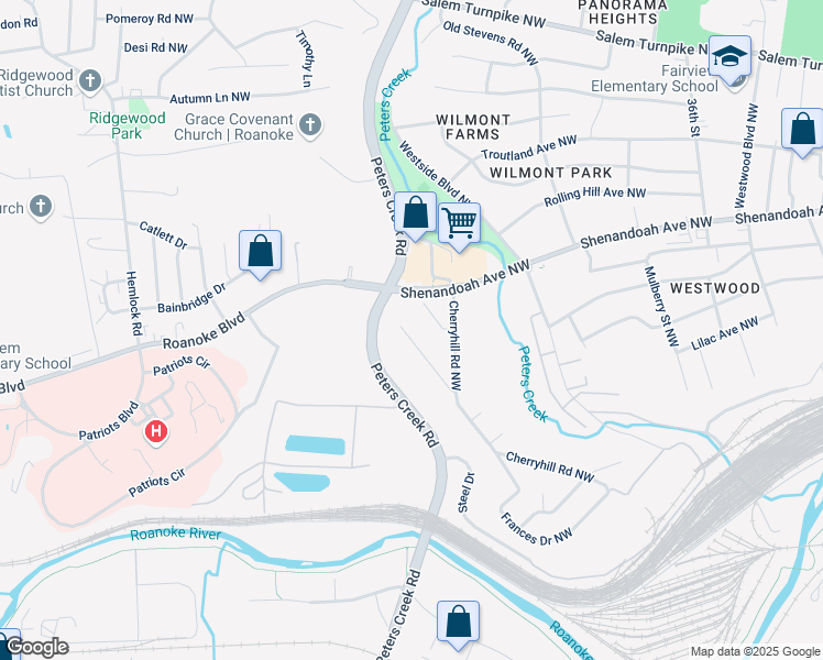 map of restaurants, bars, coffee shops, grocery stores, and more near 461 Frances Drive Northwest in Roanoke