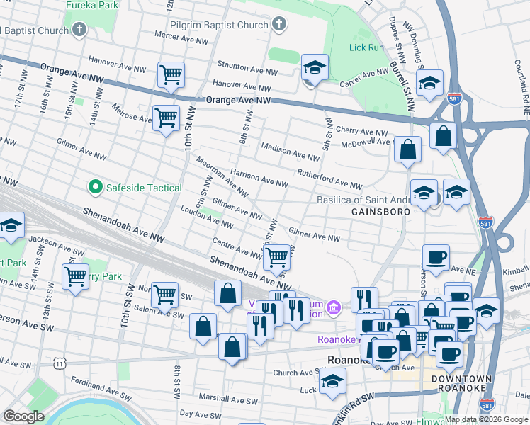 map of restaurants, bars, coffee shops, grocery stores, and more near 615 Moorman Avenue Northwest in Roanoke