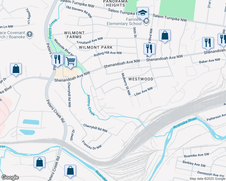 map of restaurants, bars, coffee shops, grocery stores, and more near 3754 Norway Avenue Northwest in Roanoke