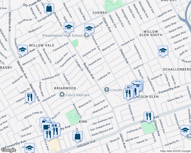 map of restaurants, bars, coffee shops, grocery stores, and more near 1576 Fuchsia Drive in San Jose