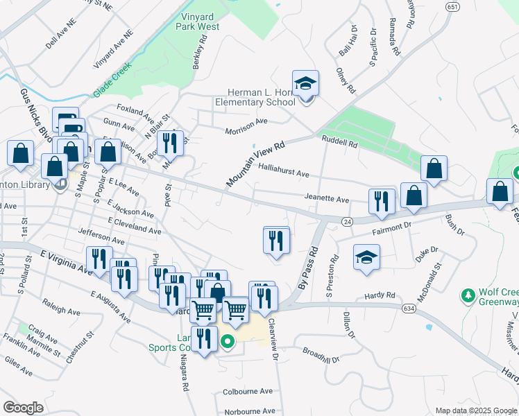 map of restaurants, bars, coffee shops, grocery stores, and more near 1005 East Washington Avenue in Vinton
