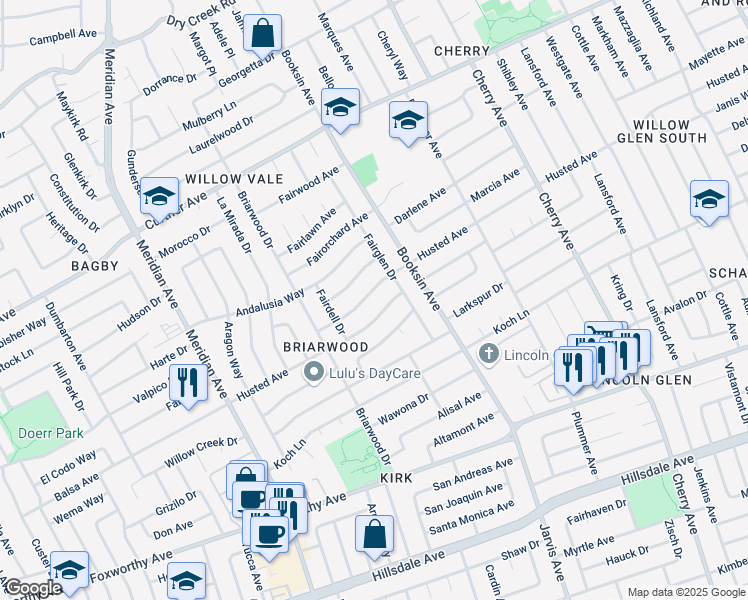 map of restaurants, bars, coffee shops, grocery stores, and more near 1624 Husted Avenue in San Jose
