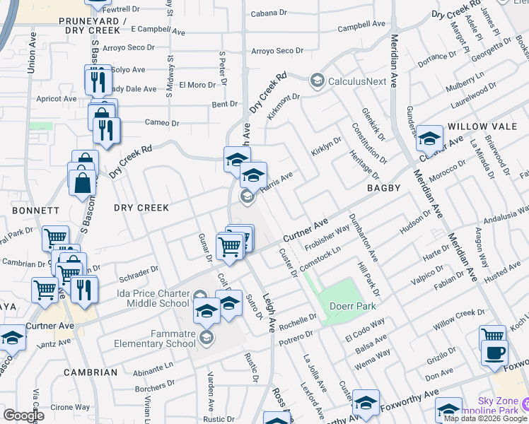 map of restaurants, bars, coffee shops, grocery stores, and more near 2459 Parquet Court in San Jose