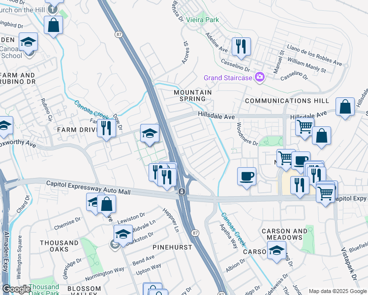map of restaurants, bars, coffee shops, grocery stores, and more near 5 North Magnolia Avenue in San Jose
