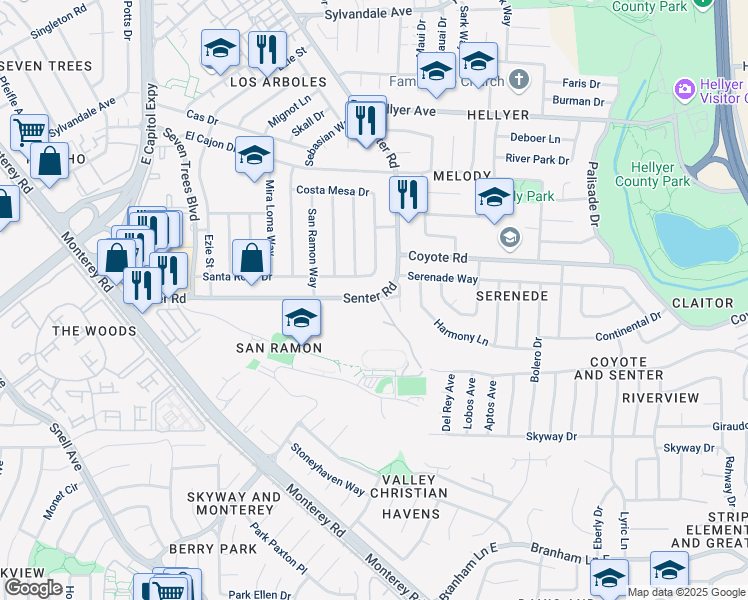 map of restaurants, bars, coffee shops, grocery stores, and more near 384 Senter Road in San Jose