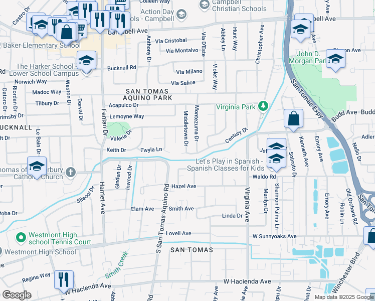 map of restaurants, bars, coffee shops, grocery stores, and more near 2346 Middletown Drive in Campbell