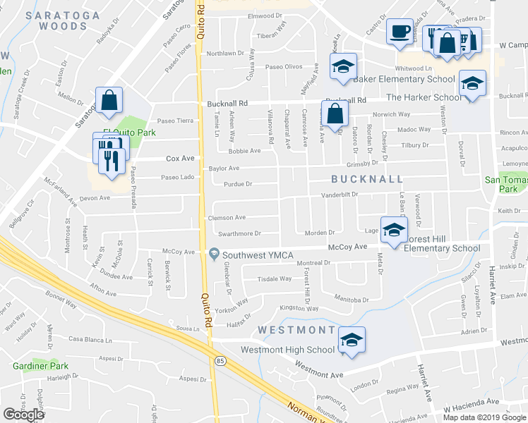 map of restaurants, bars, coffee shops, grocery stores, and more near 18283 Clemson Avenue in Saratoga