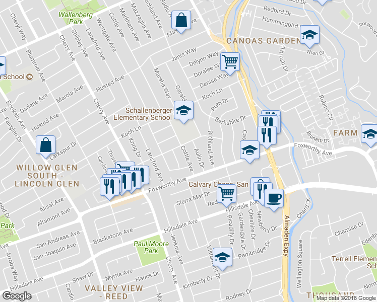 map of restaurants, bars, coffee shops, grocery stores, and more near 2920 Cottle Avenue in San Jose