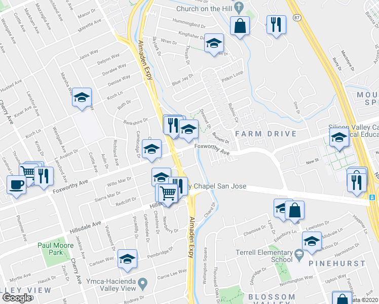 map of restaurants, bars, coffee shops, grocery stores, and more near 1084 Foxworthy Avenue in San Jose