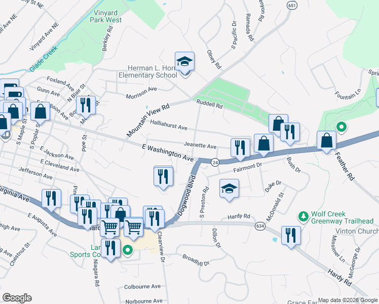 map of restaurants, bars, coffee shops, grocery stores, and more near 1042 East Washington Avenue in Vinton