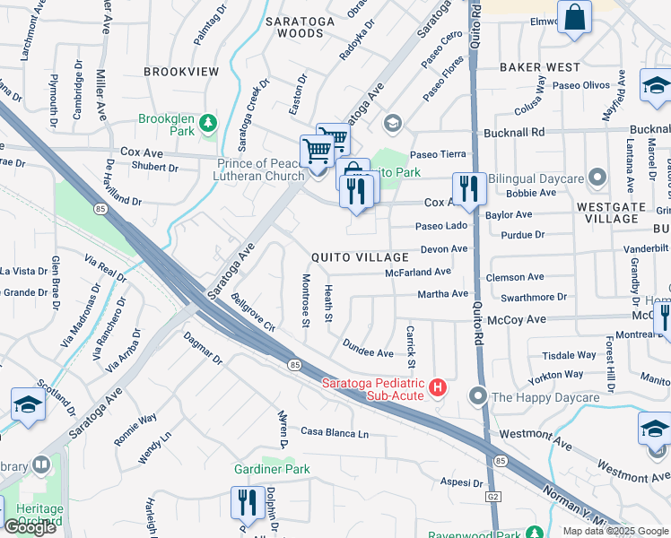 map of restaurants, bars, coffee shops, grocery stores, and more near 18873 McFarland Avenue in Saratoga