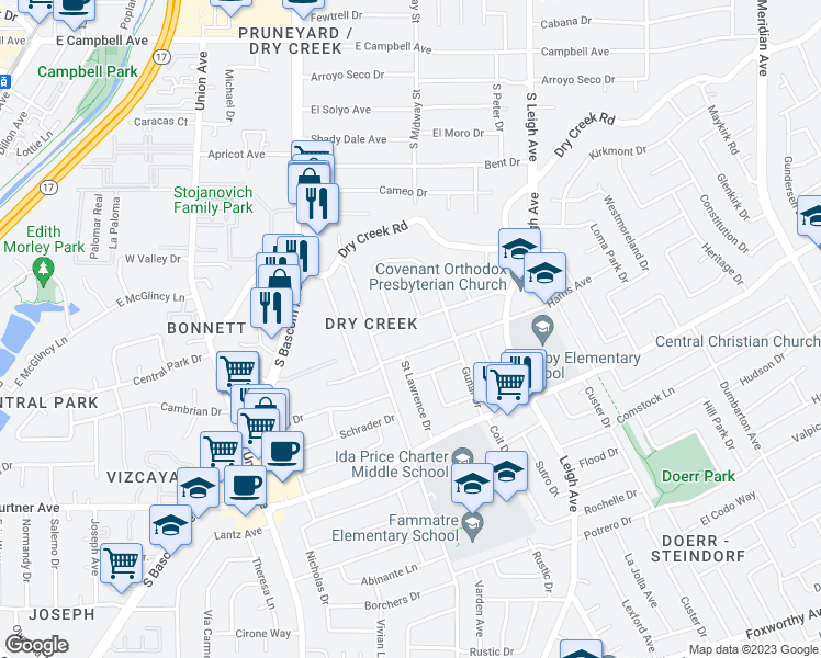 map of restaurants, bars, coffee shops, grocery stores, and more near 1926 Shulman Avenue in San Jose