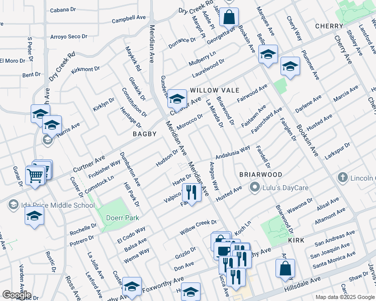 map of restaurants, bars, coffee shops, grocery stores, and more near 2514 Meridian Avenue in San Jose