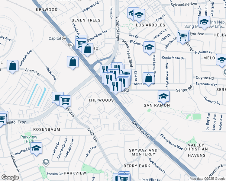 map of restaurants, bars, coffee shops, grocery stores, and more near 2 Senter Road in San Jose