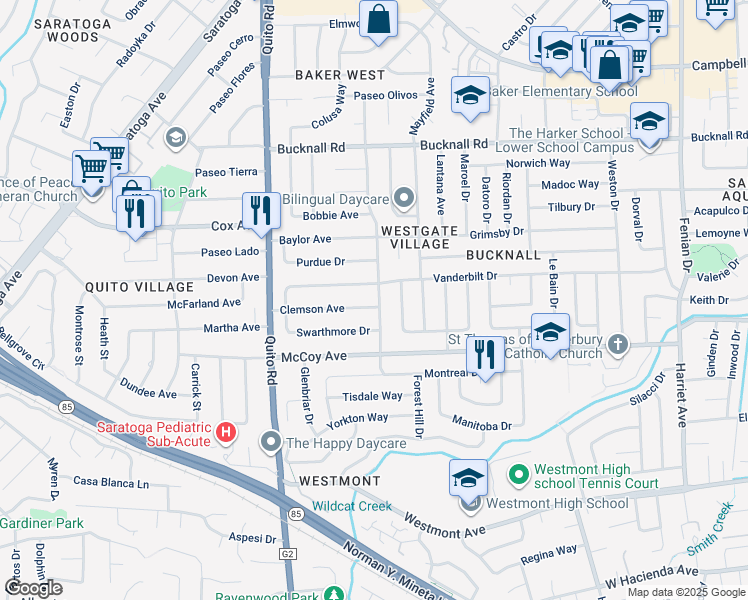 map of restaurants, bars, coffee shops, grocery stores, and more near 18241 Clemson Avenue in Saratoga