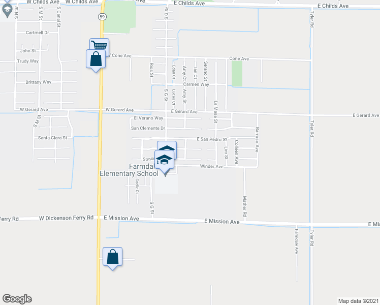 map of restaurants, bars, coffee shops, grocery stores, and more near 130 Antonio De Padua Court in Merced