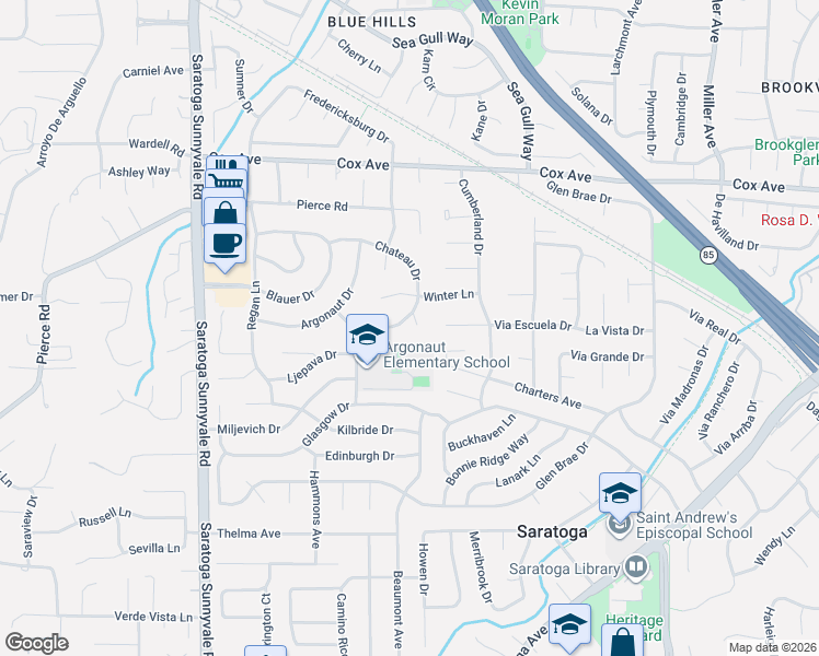 map of restaurants, bars, coffee shops, grocery stores, and more near 20096 Chateau Drive in Saratoga