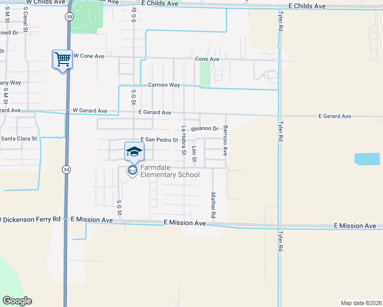 map of restaurants, bars, coffee shops, grocery stores, and more near 655 Lim Street in Merced