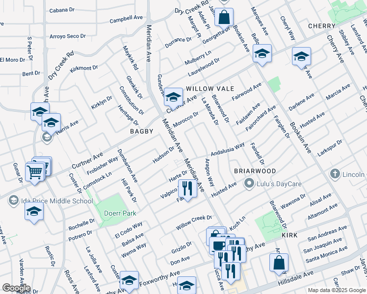 map of restaurants, bars, coffee shops, grocery stores, and more near 2514 Meridian Avenue in San Jose