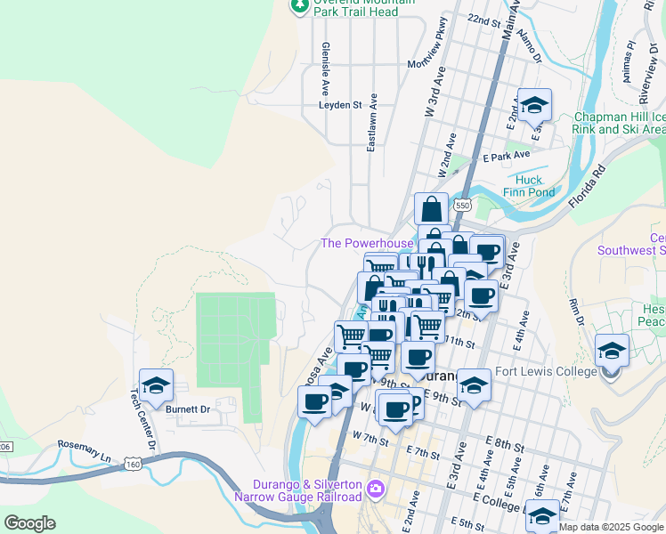map of restaurants, bars, coffee shops, grocery stores, and more near 1208 Avenida Del Sol in Durango