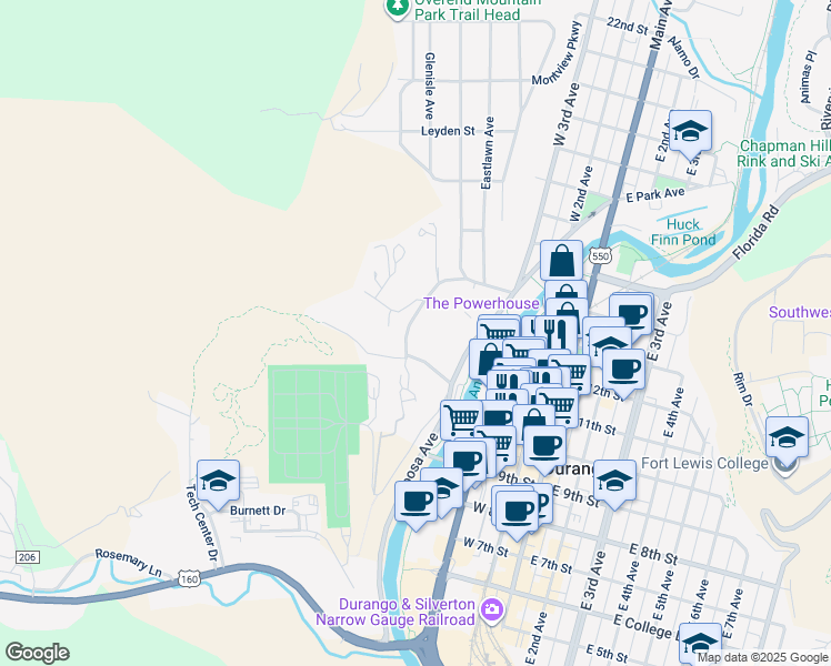 map of restaurants, bars, coffee shops, grocery stores, and more near 12 Falcon Way in Durango