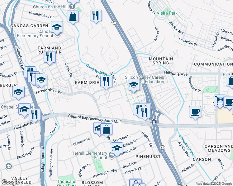 map of restaurants, bars, coffee shops, grocery stores, and more near 3214 Darya Lane in San Jose