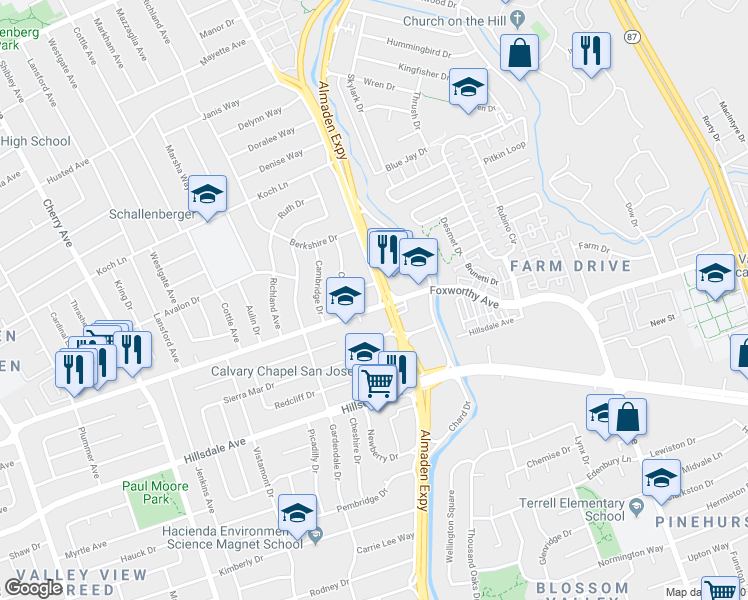 map of restaurants, bars, coffee shops, grocery stores, and more near 1125 Foxworthy Avenue in San Jose