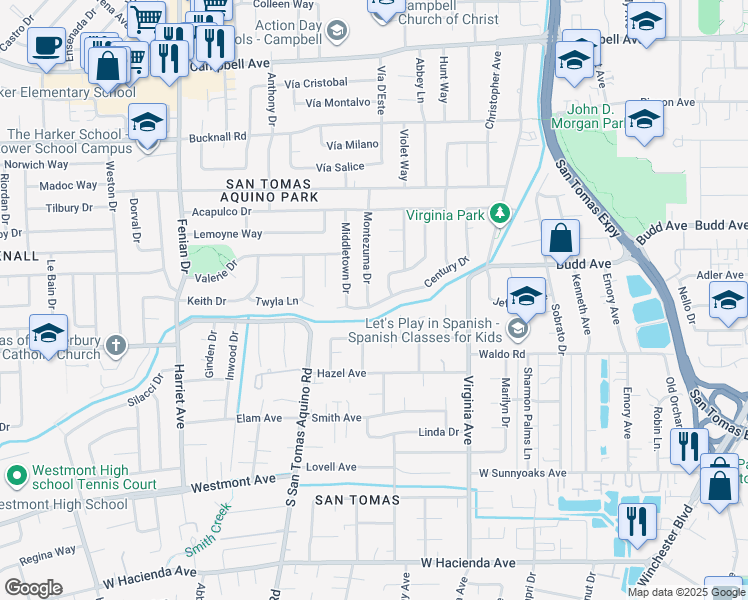 map of restaurants, bars, coffee shops, grocery stores, and more near 3784 Century Drive in Campbell