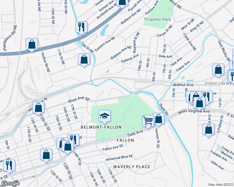 map of restaurants, bars, coffee shops, grocery stores, and more near 2032 Wise Avenue Southeast in Roanoke