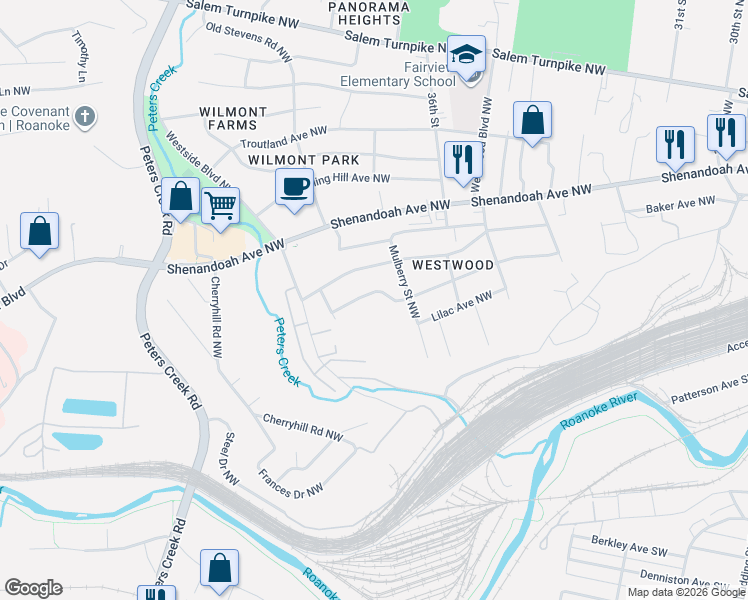 map of restaurants, bars, coffee shops, grocery stores, and more near 3720 Norway Ave NW in Roanoke