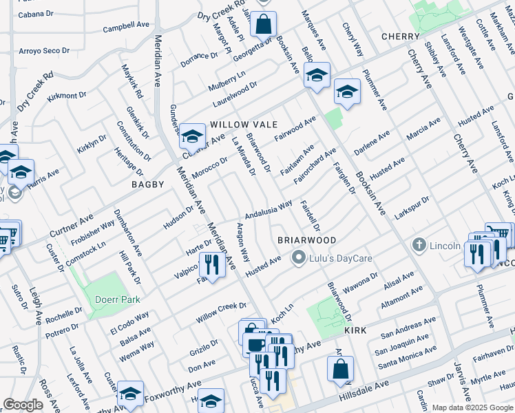 map of restaurants, bars, coffee shops, grocery stores, and more near 2564 Malaga Drive in San Jose