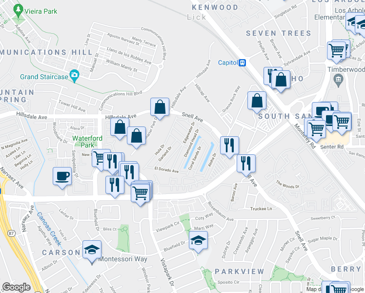 map of restaurants, bars, coffee shops, grocery stores, and more near 3637 Snell Avenue in San Jose