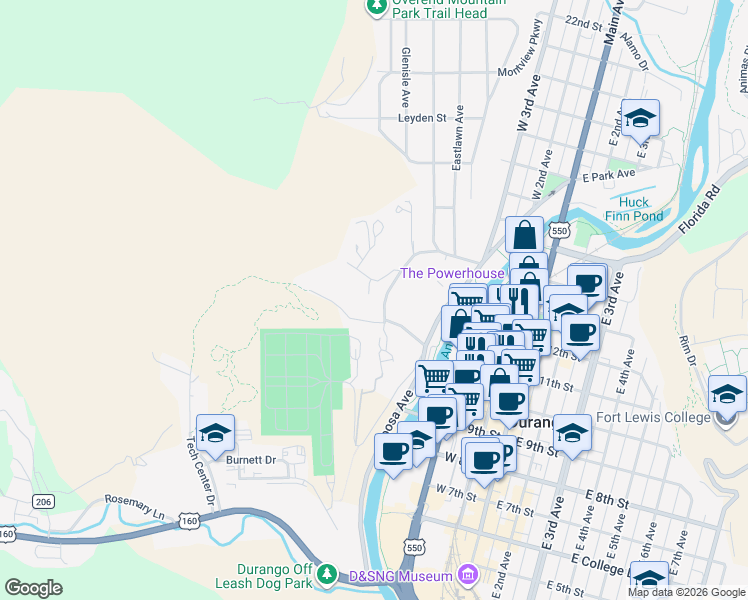 map of restaurants, bars, coffee shops, grocery stores, and more near 12 Falcon Way in Durango