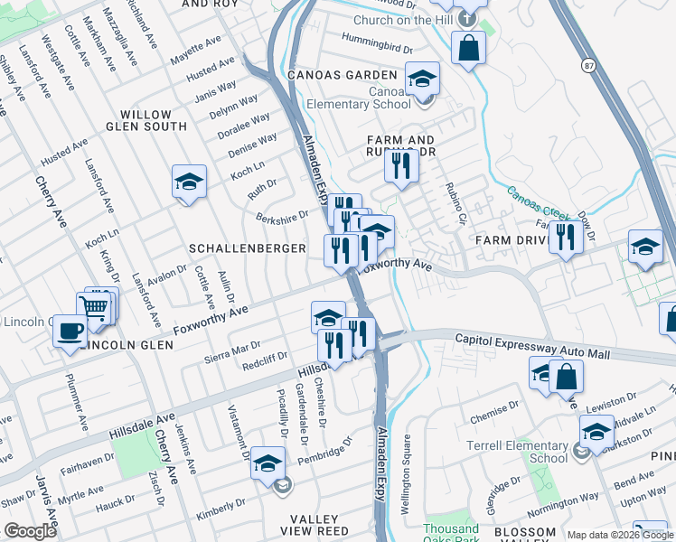 map of restaurants, bars, coffee shops, grocery stores, and more near 1125 Foxworthy Avenue in San Jose