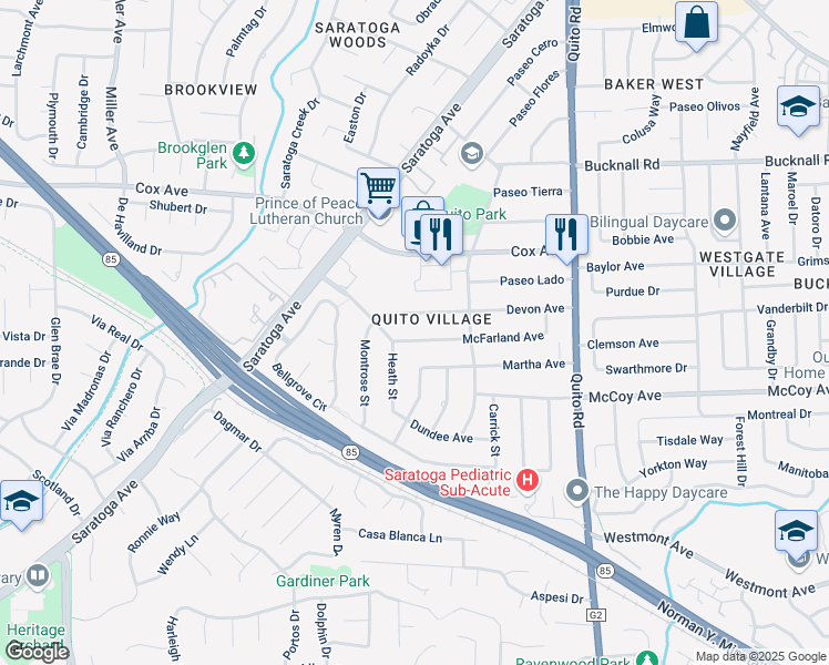map of restaurants, bars, coffee shops, grocery stores, and more near 18873 McFarland Avenue in Saratoga