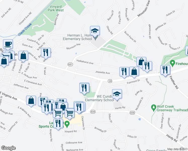 map of restaurants, bars, coffee shops, grocery stores, and more near 1036 East Washington Avenue in Vinton
