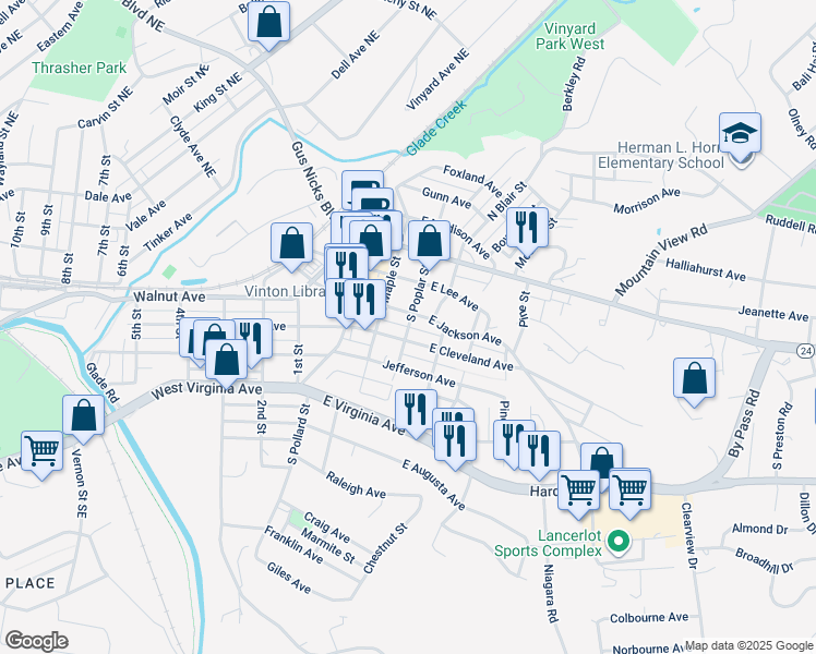 map of restaurants, bars, coffee shops, grocery stores, and more near 351 South Poplar Street in Vinton