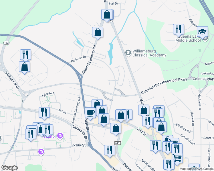 map of restaurants, bars, coffee shops, grocery stores, and more near 120 Chanticleer Court in Williamsburg