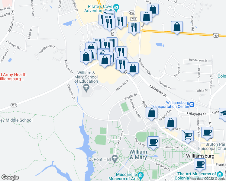 map of restaurants, bars, coffee shops, grocery stores, and more near 126 Matoaka Court in Williamsburg