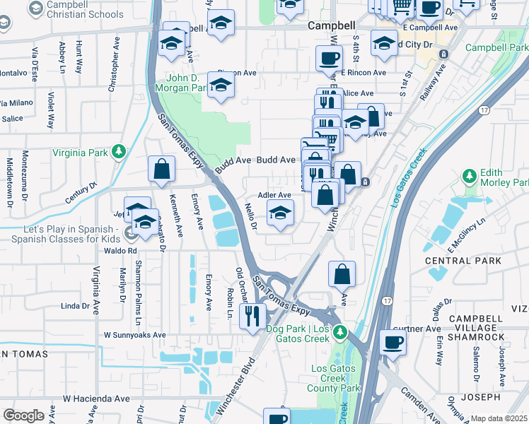map of restaurants, bars, coffee shops, grocery stores, and more near 235 Echo Avenue in Campbell