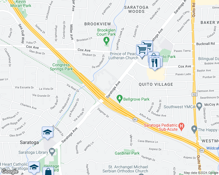 map of restaurants, bars, coffee shops, grocery stores, and more near 19105 Vineyard Lane in Saratoga