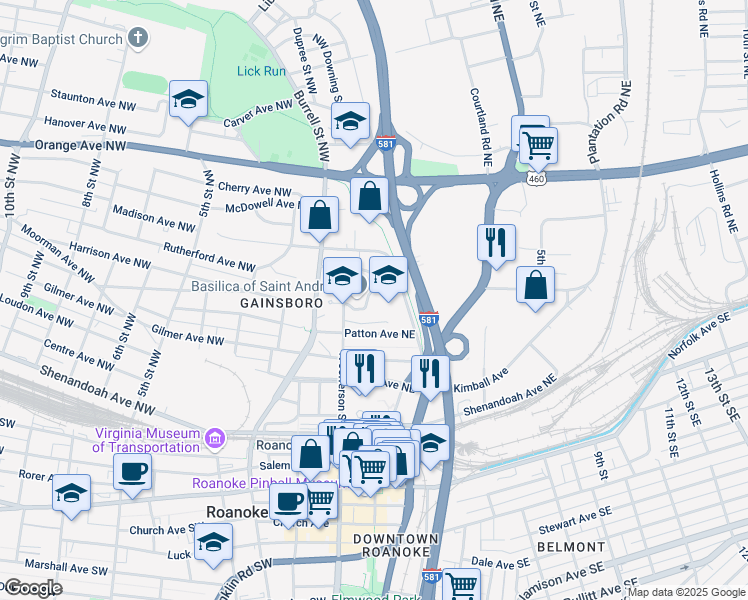 map of restaurants, bars, coffee shops, grocery stores, and more near 631 North Jefferson Street in Roanoke
