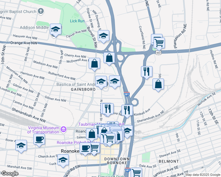 map of restaurants, bars, coffee shops, grocery stores, and more near 631 North Jefferson Street in Roanoke