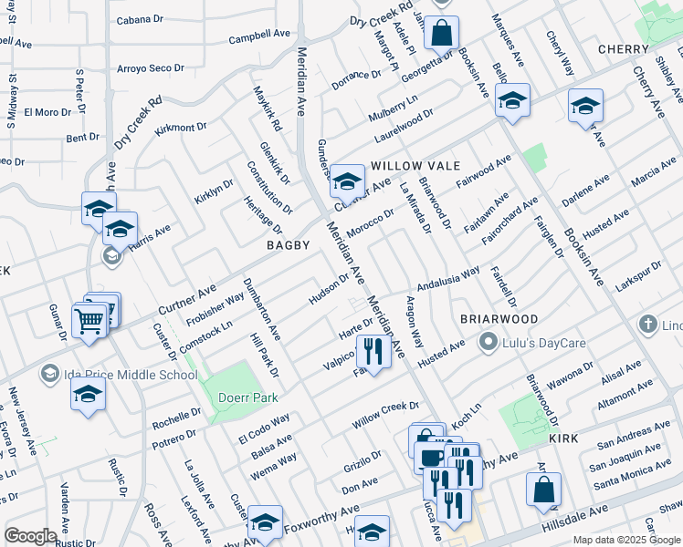 map of restaurants, bars, coffee shops, grocery stores, and more near 2498 Raleigh Drive in San Jose